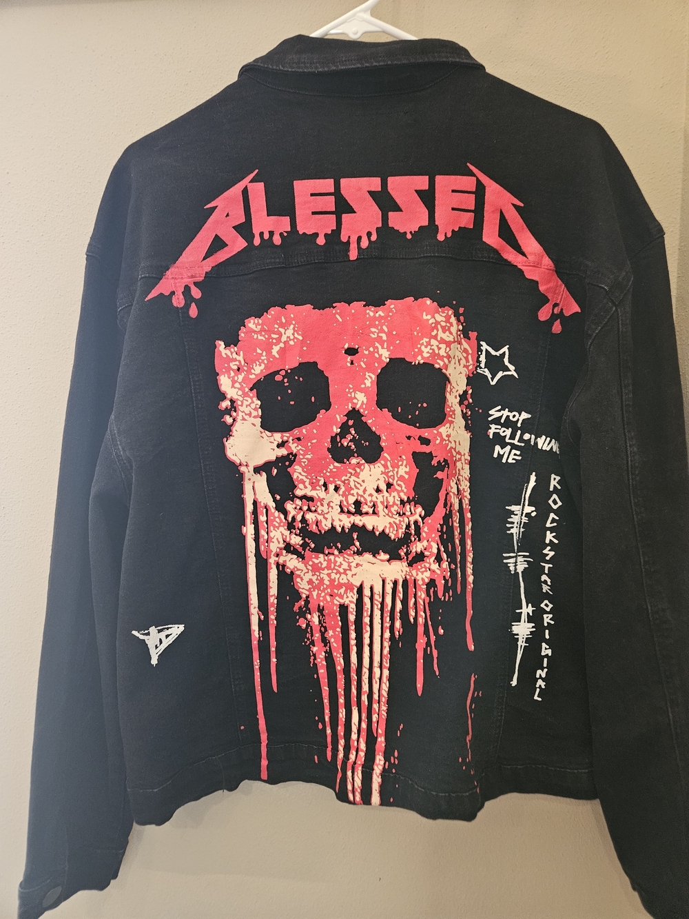 Black Denim Jacket with Blessed Red Dripping Skull Graphic
